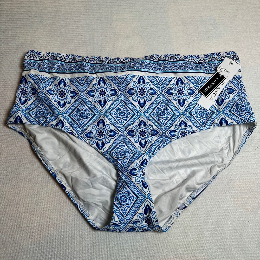 La‎ Blanca Womens Tummy Control Bikini Bottoms Blue White Tile Print Size 20W
